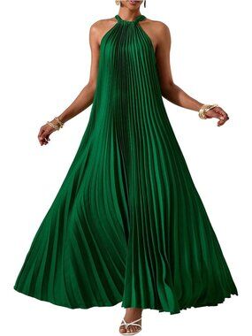〽️Dark Green Maxi Dress Women's Halter Pleated Flowy Wedding Guest Summer Dress